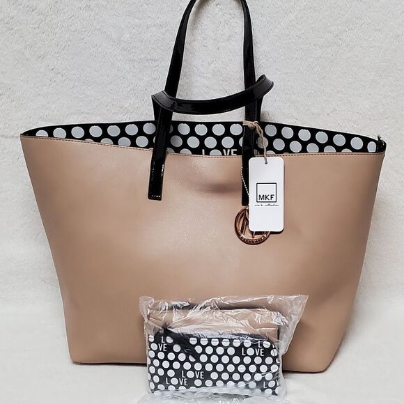 MIA K. Collection Taylor Reversible Tote Taupe Black White Polka Dot LOVE Purse - Picture 2 of 14